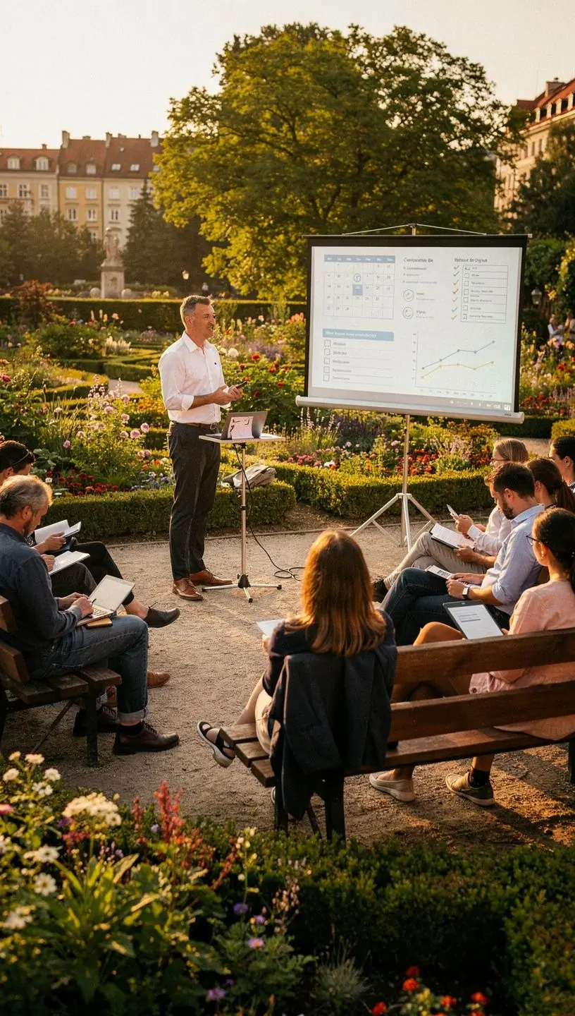 Zespół pracowników omawiający strategie radzenia sobie z dużym obciążeniem pracą.