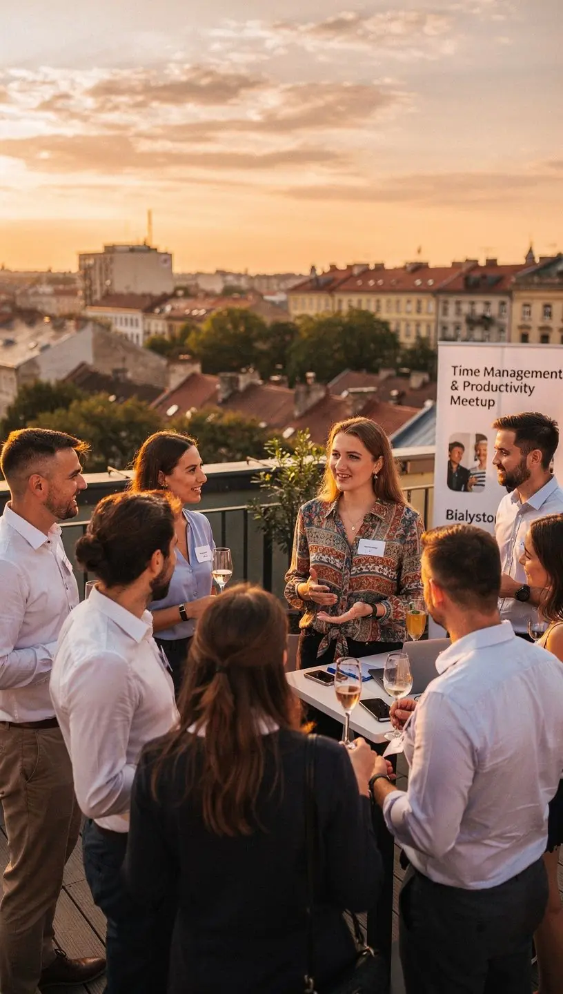 Ilustracja przedstawiająca równowagę między zadaniami a przerwami w trakcie intensywnego dnia.